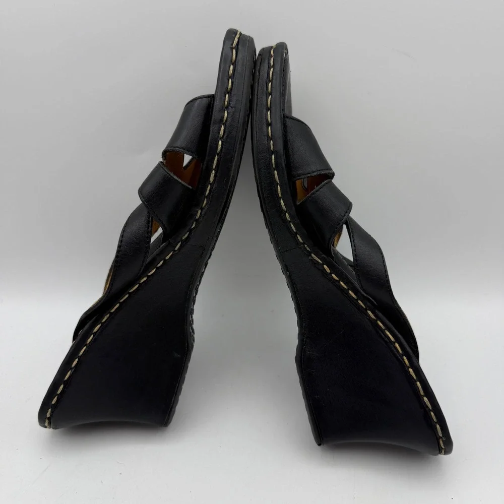 Born Wedge Sandals Women 8 Black Leather Crisscross Slide B3430 Casual